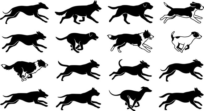 Running dog silhouette vector set icon collection fast pet animal
