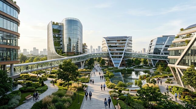 Modern Eco-Friendly Cityscape with Green Spaces and Futuristic Architecture