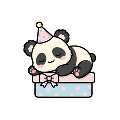 Cute giant panda sleeping on a gift box wearing a party hat, kawaii animal character illustration isolated on transparent background © KPS Creative Studio