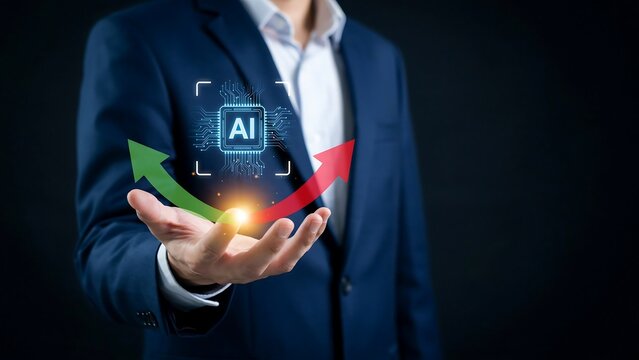 A professional businessman presenting artificial intelligence technology growth and data market trends through a digital interface