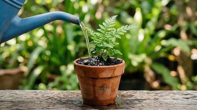 Clear water pouring from a blue spout into a terracotta potted fern placed on a weathered wooden table outdoors.