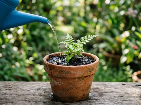 A small fern in a terracotta pot receiving water from a blue can against a lush green garden backdrop.