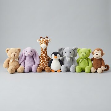 A colorful lineup of plush stuffed animal toys sitting together on a plain gray surface in studio lighting.