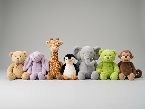Soft plush stuffed toys arranged in a neat row against a minimalist light gray studio backdrop for kids.