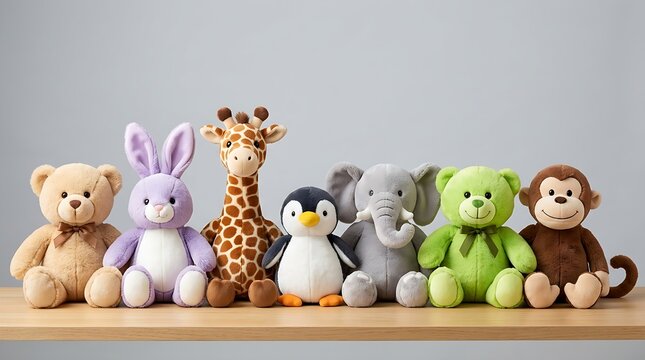 Collection of seven adorable stuffed animal plushies lined up side by side in a clean studio setting.