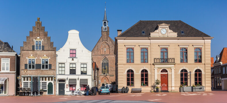 Panorama of the central market square in historic city Steenwijk, Netherlands
