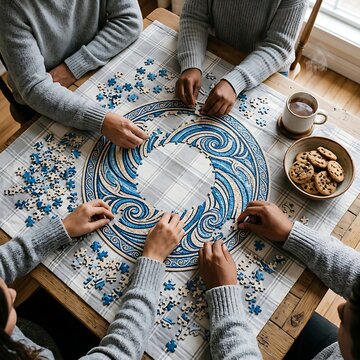 Flat lay of hands placing pieces into a round blue mandala puzzle on a plaid tablecloth.