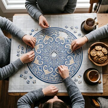 Top-down view of people putting together a round mandala puzzle surrounded by warm tea and cookies.