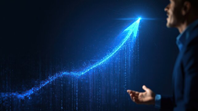 Futuristic digital arrow made of glowing blue particles and flowing data, representing technology, digital transformation, business growth, innovation and forward progress.