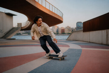Naklejka premium Smiling young man skateboarding on urban square. Modern architecture and river background. Concept of youth lifestyle, freedom, and activity. Natural evening light creates dynamic motion.