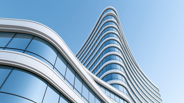 Abstract architectural building facade with curved glass windows and modern geometric white concrete frame.