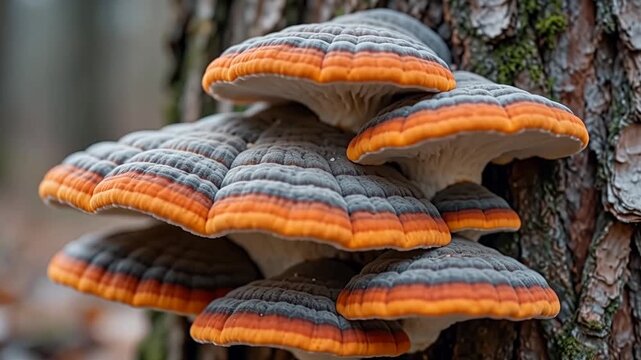 A cinematic close up shot of vibrant orange and grey bracket fungi growing on a textured tree trunk with soft sunlight filtering through the background.