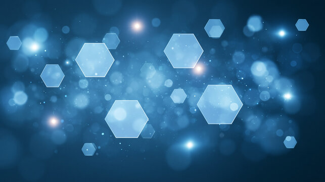 Abstract background featuring floating blue glowing hexagons with soft bokeh lights for technology and science presentations.