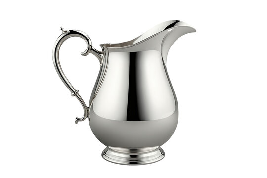 Polished silver serving pitcher with curved handle and spout