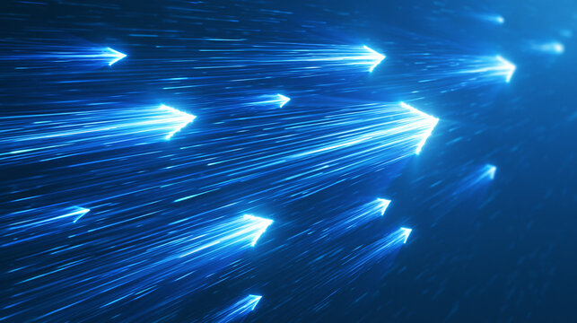 Abstract blue light arrows moving horizontally across dark digital space representing high speed data.