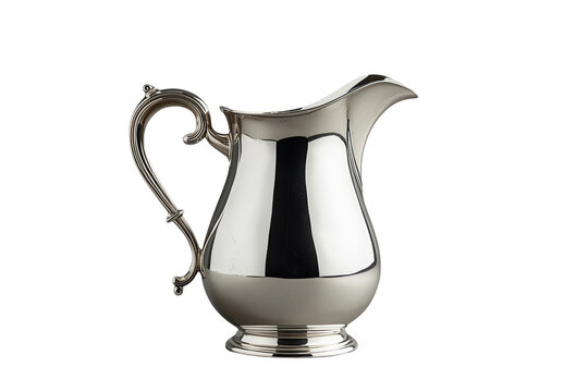 Polished silver metal pitcher with ornate curved handle
