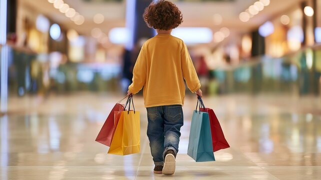 A boy with shopping bags in the backdrop of a mall