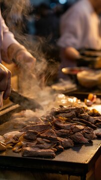 At the nite market, a chef is grilling cut beef steaks on a hot griddle.