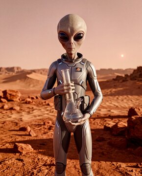 Grey Alien Astronaut in Futuristic Spacesuit Holding Glass Bong on Mars Desert Landscape, Photorealistic 3D CGI Sci-Fi