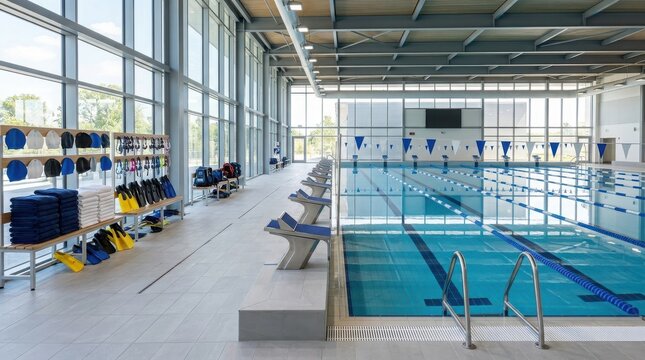 Modern indoor swimming pool facility with lanes, starting blocks, and equipment shelves