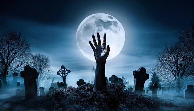 Zombie hand emerging from grave in spooky cemetery under full moon