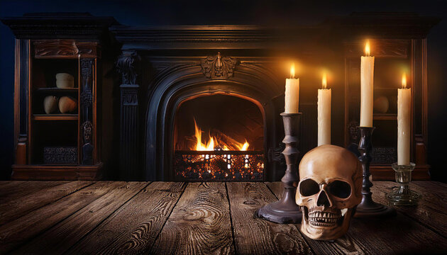 Skull and candles burning on table in front of fireplace for halloween or day of the dead