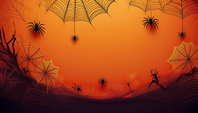 Creepy spiders hanging on spiderwebs creating a spooky halloween background