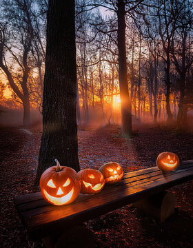 Halloween pumpkins glowing at sunset in spooky forest