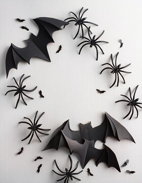 Black bats and spiders forming halloween frame on white background