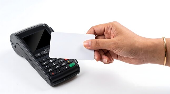 A hand holding a blank white credit card near a payment terminal.