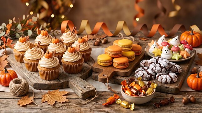 Halloween Cupcakes Cookies and Candy on Festive Dessert Table