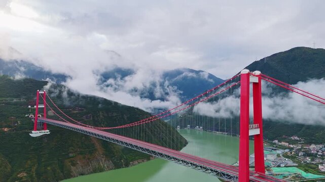 Aerial View of Hongkang Special Bridge over Dadu River in Luding Sichuan China