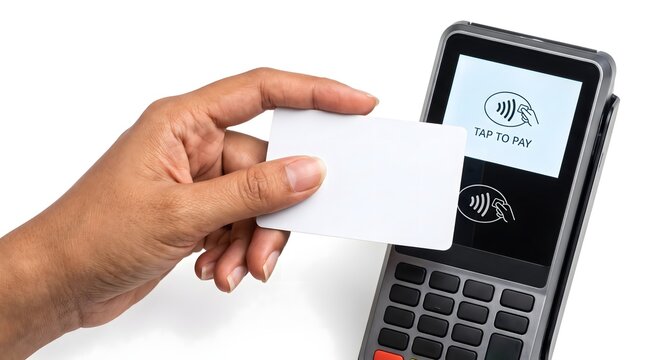 A hand making a contactless payment with a blank white card on a payment terminal.