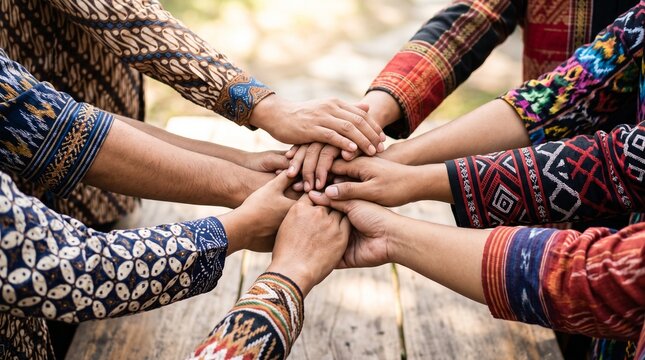 Group of diverse people wearing traditional Indonesian batik and woven garments stacking their hands together, symbolizing cultural diversity, national unity, solidarity, and Youth Pledge Day concept