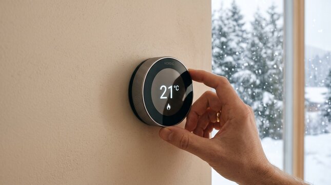 Person adjusting a smart home thermostat on a wall with winter view