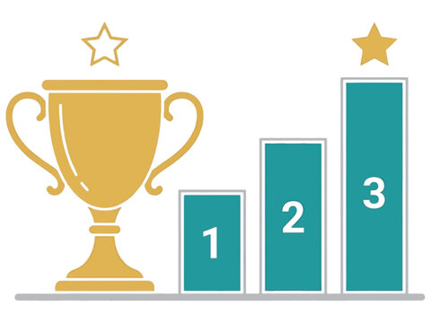 Business Achievement Award Illustration with Gold Trophy and Statistical Bar Chart Ranking for Corporate Growth Success Concept