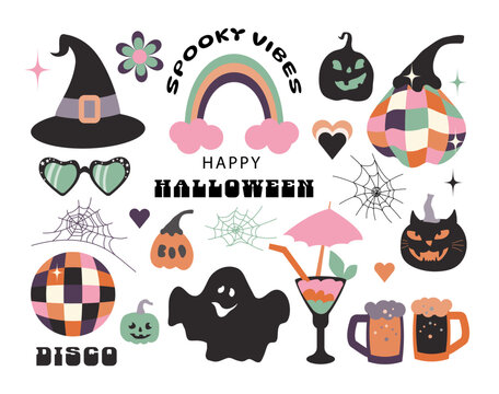 Groovy retro St Patrick's Day elements set for Halloween. 1970s style cute clip art collection with checkered disco ball, pumpkin witch hat, spooky ghost, black cat, rainbow, and star sparkles. 