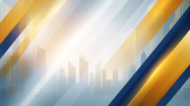 Abstract corporate background with golden and blue stripes and city skyline silhouettes.
