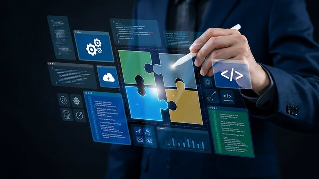 A professional business person managing software development projects using digital puzzle interfaces and data analytics icons for technological innovation