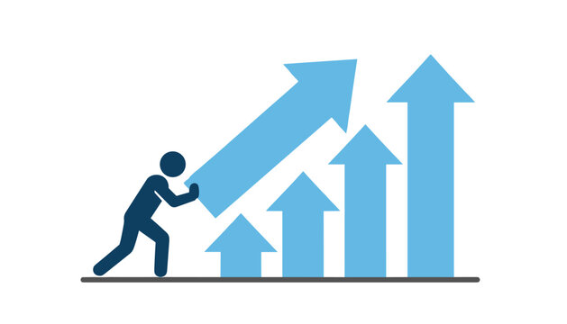 Business progress illustration of a stick figure manually pushing a large upward-trending growth arrow bar graph.
