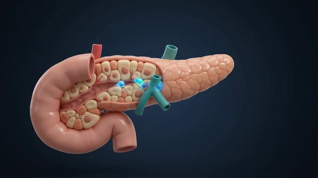 3D animation of human pancreas anatomy, showing insulin production and secretion process