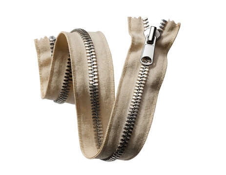 Open metal zipper on beige fabric tape