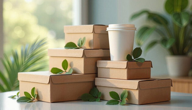 Eco-friendly takeaway boxes and cup with green leaves, Biodegradable packaging and eco friendly disposable tableware, Sustainable eco-friendly tableware set with coffee cup, biodegradable packaging