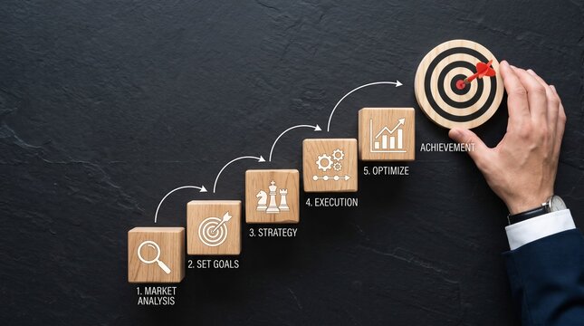Business roadmap staircase with milestones representing strategic planning, goals and successful execution process