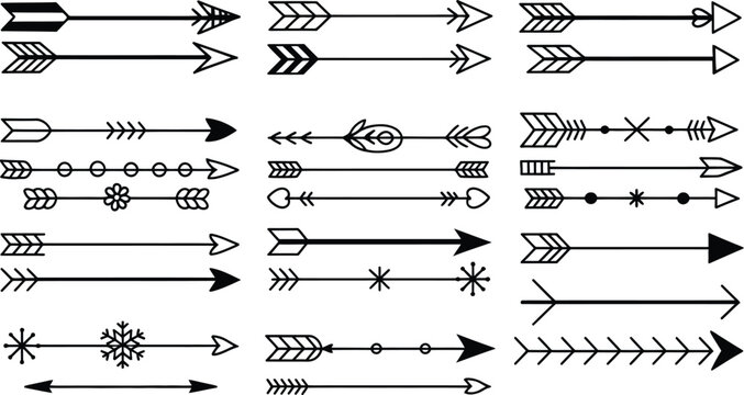 Tribal Arrow Vector Collection, decorative arrow symbols for indigenous-inspired patterns, tattoo art, boho design, navigation, and graphic illustration