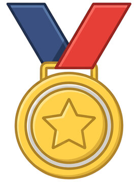 Gold medal featuring star emblem and colorful ribbon for achievement success recognition, ideal for gaming reward and competition winner UI.