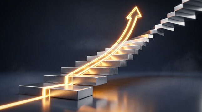 Business growth staircase with rising arrow representing expansion, performance improvement and strategic success