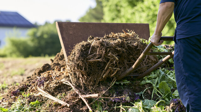 Man emptying a wheelbarrow full of organic compost material onto a large pile of garden waste, preparing nutrient rich soil for sustainable gardening and farming, copy space