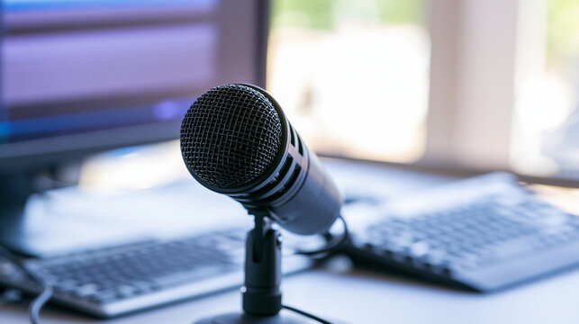 Professional microphone on a studio desk for recording audio, podcasting, broadcasting, and creating digital media content, copy space