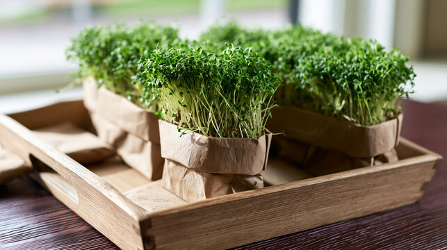 Fresh green microgreens growing in eco friendly paper pots on a wooden tray, symbolizing healthy eating, organic food, and sustainable home gardening